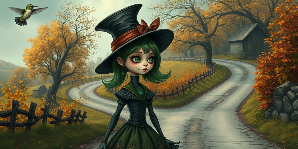 digital art fantasy depicting a strange girl with green hair, long eyelashes, white lipstick and a tall hat walking along a winding road on an autumn afternoon, an Hummingbird smiles as she passes