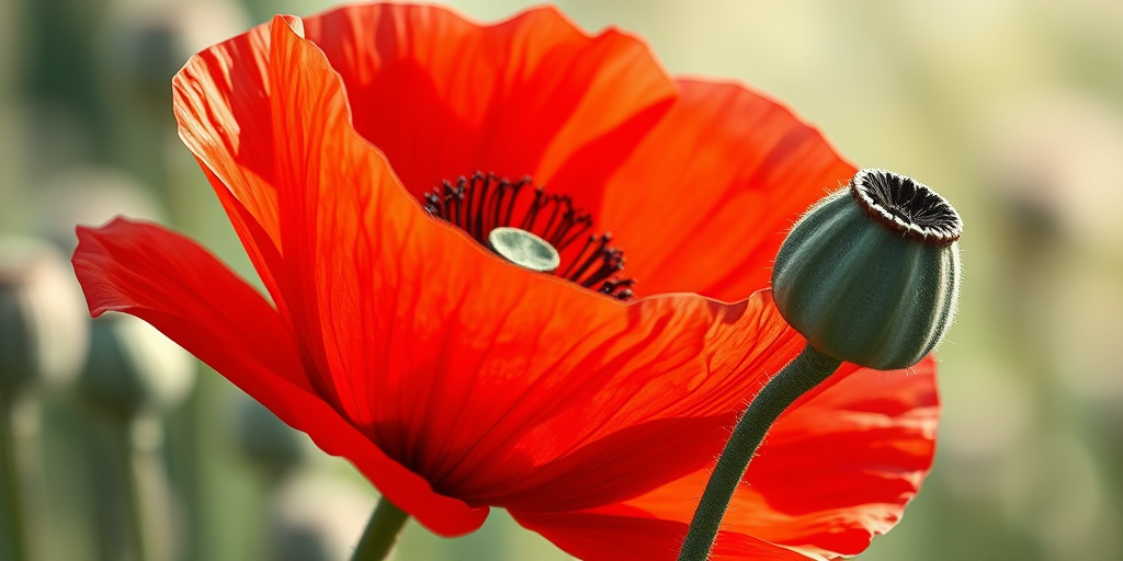 create a highly detailed illustration of a vibrant red poppy flower and a closed bud, capturing intricate textures and colors, using macro lens settings, with a soft focus background, in natural light, digital illustration style, high-resolution rendering