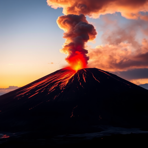 High-resolution image of a volcanic eruption at sunrise, capturing smoke and ash billowing from the summit, with a wide-angle view, using a Canon EOS 5D Mark IV, f/8 aperture, ISO 100, 1/250 sec shutter speed, and polarized filter.