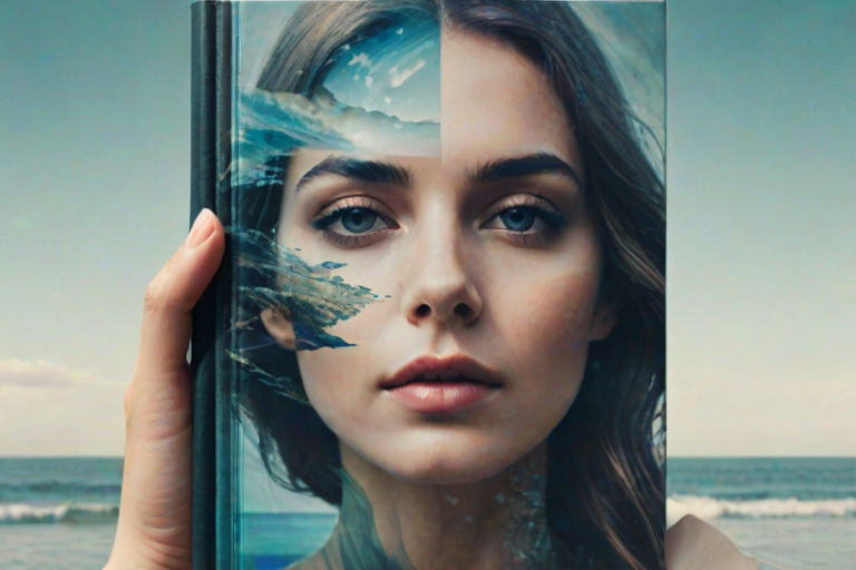 imagine Book cover, A surreal double exposure portrait that blends a woman's face with a beautiful seascape. The overall mood is dreamy and mystical, with rich colors and intricate details