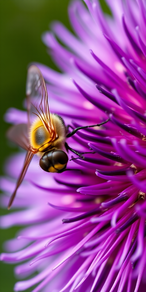 Close-up shot of a yellow and black hoverfly on a vibrant purple thistle flower, with shallow depth of field, f/2.8 aperture, ISO 100, 100mm macro lens, natural lighting, and a focus on fine detail and texture.