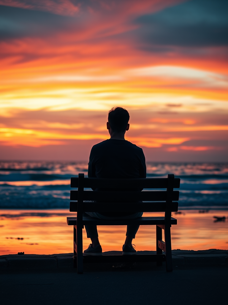 Generate an enhanced image of a person sitting on a wooden bench by the beach at sunset, capturing the vibrant colors of the sky and reflections on the water, use a DSLR camera with a 50mm lens, aperture set to f/1.8, ISO 100, shutter speed 1/200s, and a warm color profile for a soft, dreamy effect.