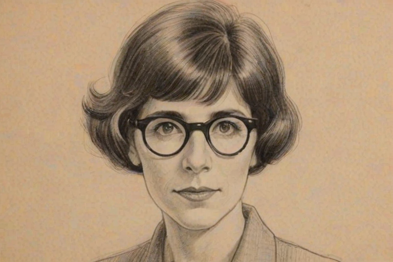 Bewitching Julie Kavner, pencil sketch, portrait of Delightful woman 1922s in glasses, hair style beatnik, outline, clear lines, fine lines, 8k