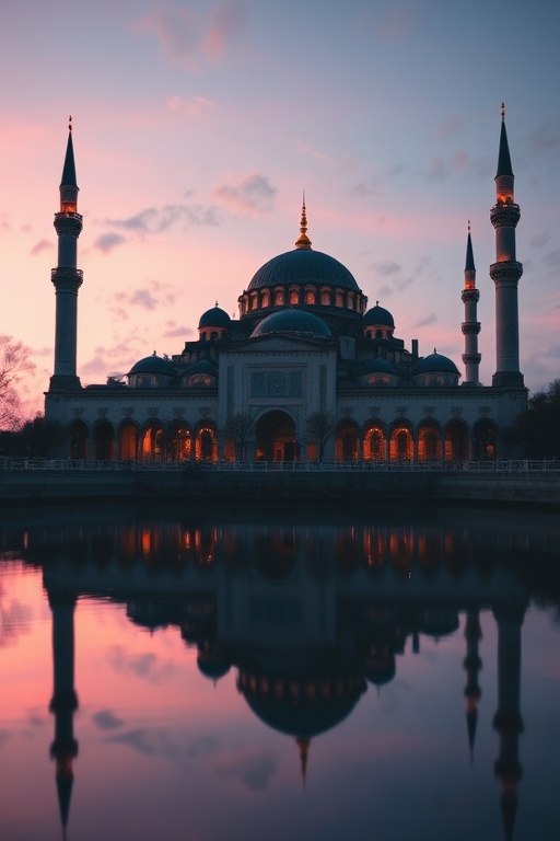 majestic mosque at twilight with reflection on water, wide-angle shot, f/8 aperture, ISO 100, 1/60 sec exposure, DSLR camera, soft focus, evening light, high dynamic range