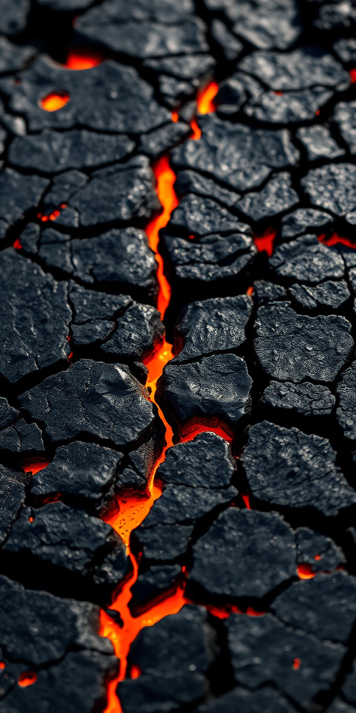 Create an ultra-detailed close-up of a cracked lava surface with molten highlights, using a DSLR camera with a 50mm lens at f/2.8, ISO 100, and a shutter speed of 1/125s, captured in natural light from a low angle to emphasize texture and contrast.