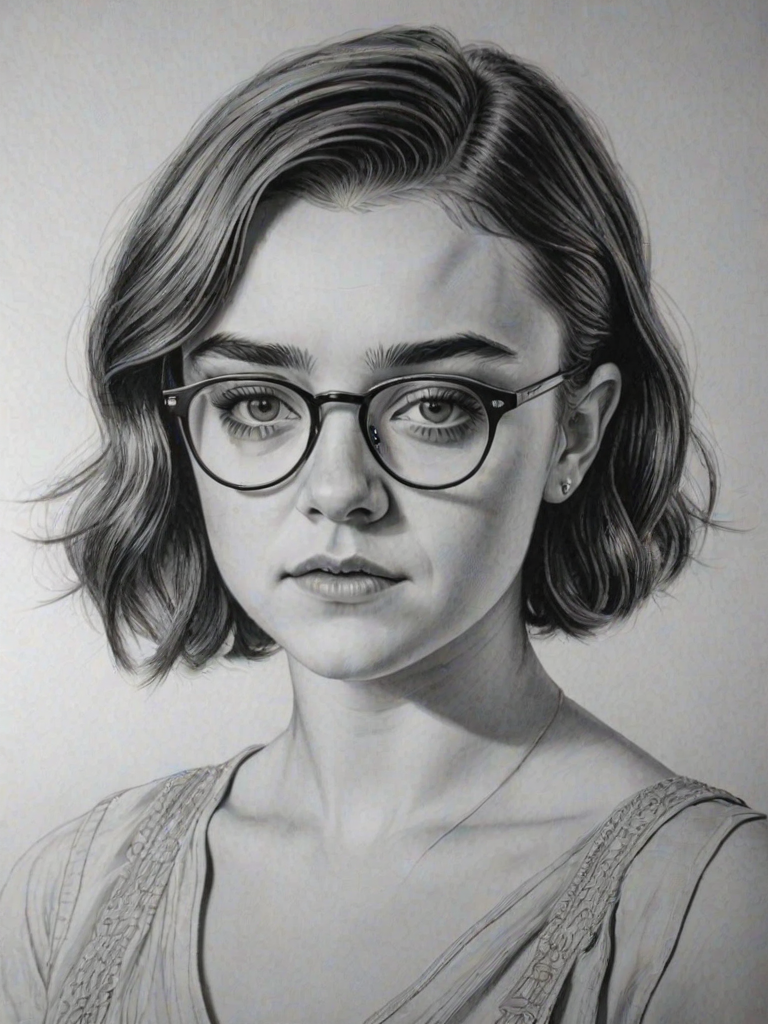 Stunning Maisie Williams, pencil sketch, portrait of Graceful woman 1920s in glasses, hair style beatnik, outline, clear lines, fine lines, 8k