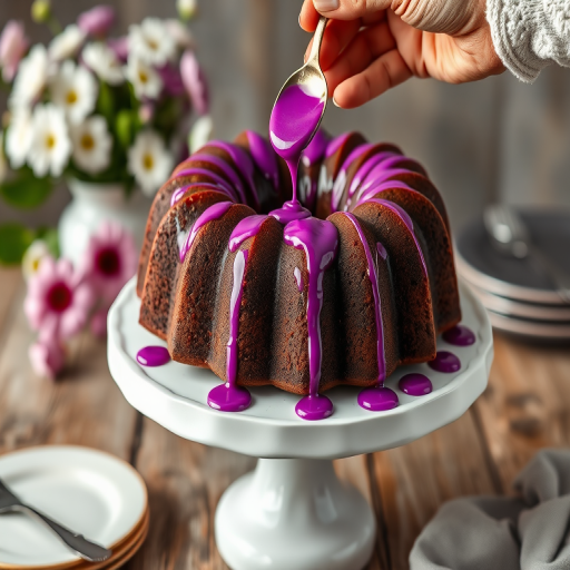 A close-up of a chocolate bundt cake on a white pedestal with vibrant purple glaze dripping down the sides a hand holding a spoon is pouring more glaze from above the background features soft focus flowers and a rustic wooden table setting