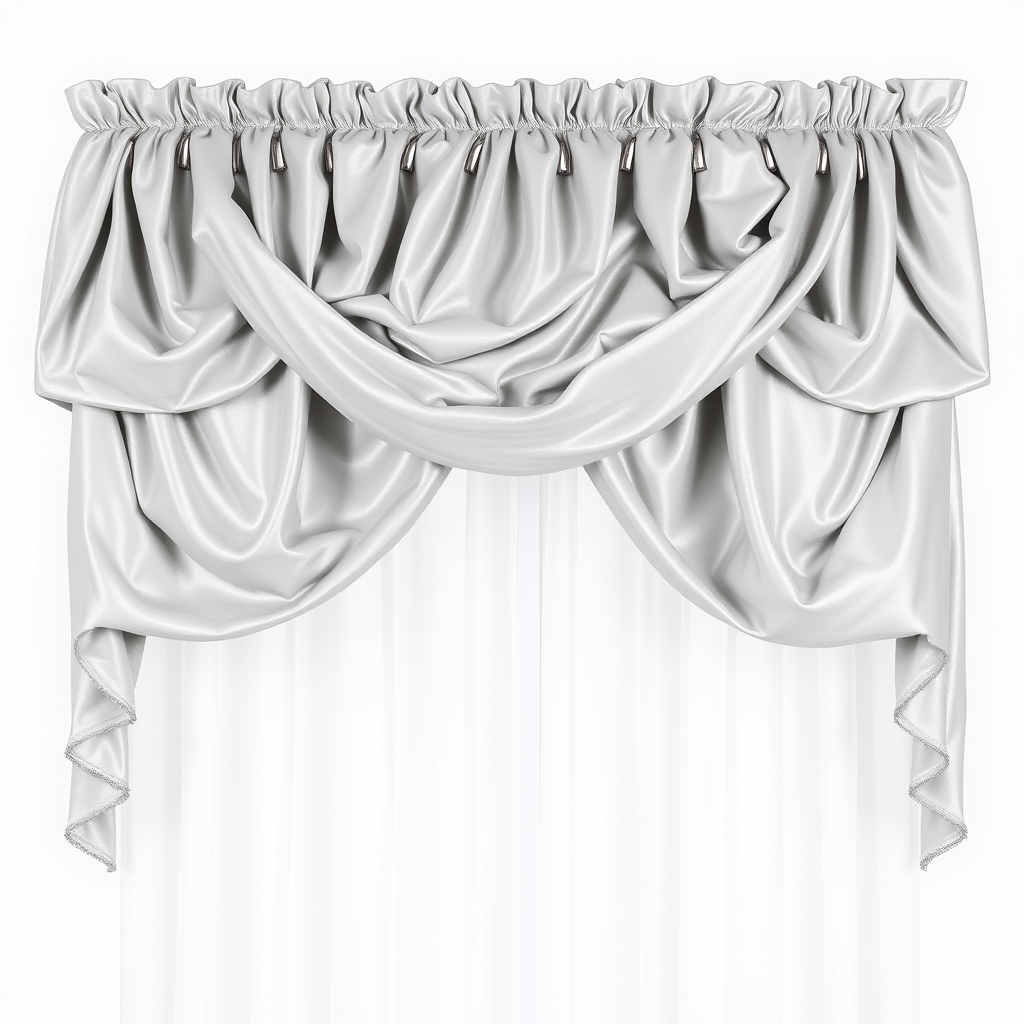 regenerate an elegant silver curtain valance with a draped and ruffled design, showcasing a luxurious sheen and soft folds, against a transparent background