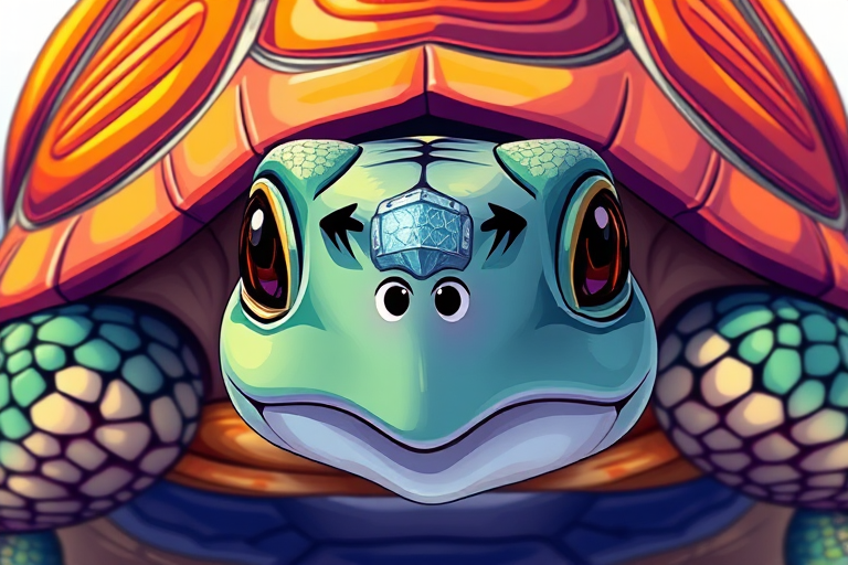 A highly detailed illustration of a colorful cartoon turtle with a textured shell, viewed from a low angle, using a digital drawing style, high resolution, soft lighting to enhance colors and contrasts, camera settings: f/5.6 aperture, 1/100 sec shutter speed, ISO 200.