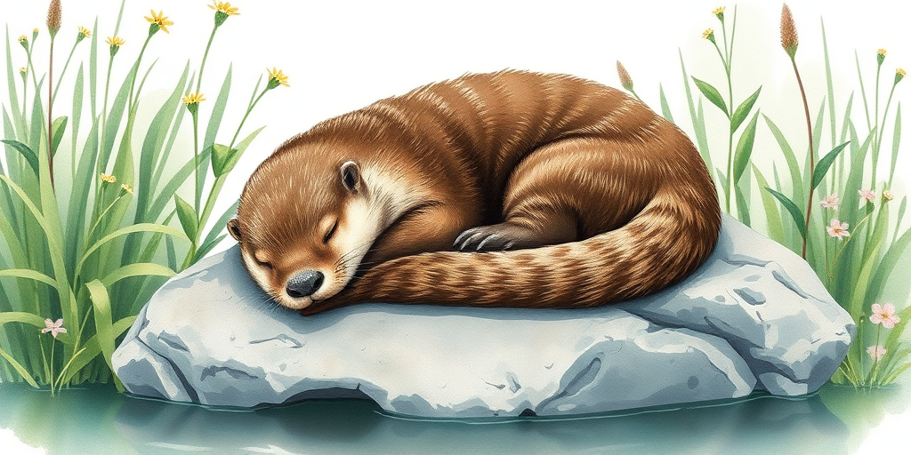 Generate a serene watercolor-style illustration of a sleeping otter curled up on a rock, surrounded by lush green plants and delicate flowers, captured with a Canon EOS R5 at f/4.0, ISO 100, 50mm lens, wide-angle view for a soft depth of field effect.