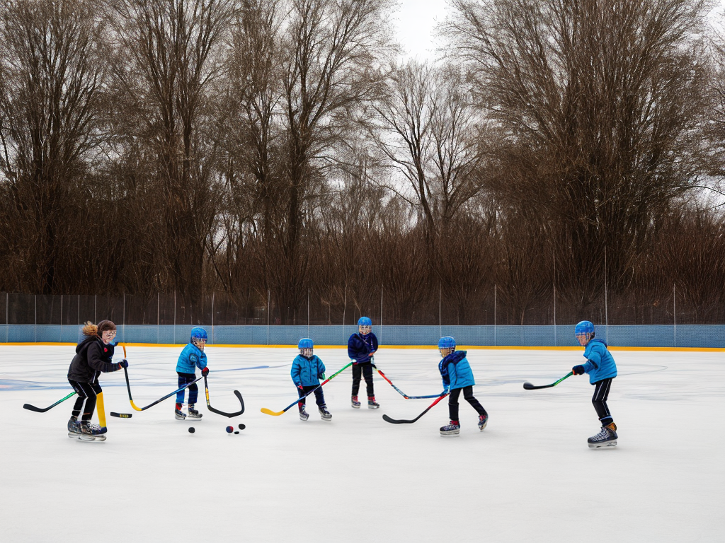 kids playing bandy in caged rink with wood roof in park during winter