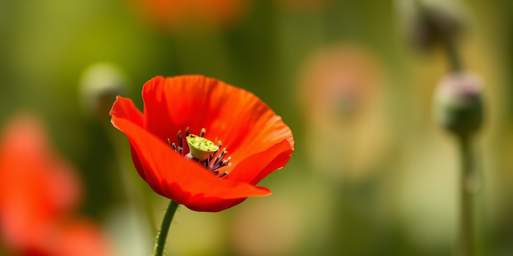 Close-up shot of a vibrant red poppy flower, shallow depth of field, captured with a DSLR camera using a 50mm f/1.8 lens, ISO 200, aperture f/2.8, natural light, focus on the flower with a softly blurred background.