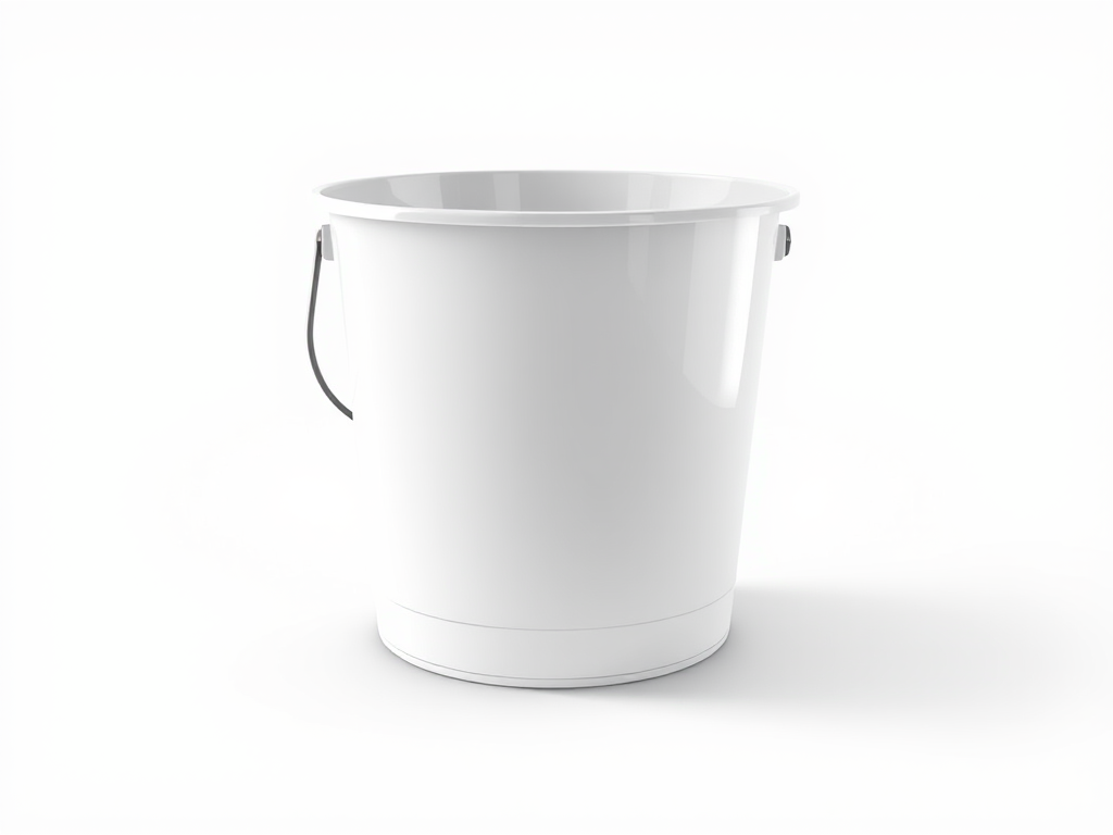 Create a high-resolution illustration of a simple bucket with a handle, using a DSLR camera with a focal length of 50mm, aperture set to f/8, shot from a slightly elevated angle to enhance depth, in a studio lighting setup to achieve a clean and sharp appearance.