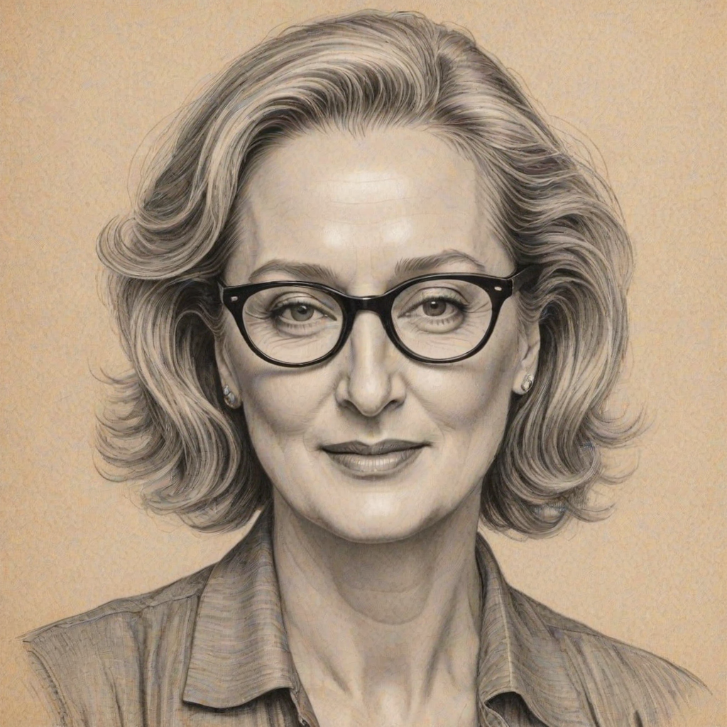 Charming Meryl Streep, pencil sketch, portrait of Comely woman 1925s in glasses, hair style beatnik, outline, clear lines, fine lines, 8k