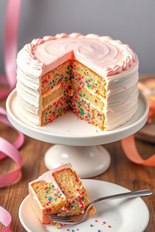 A beautifully decorated cake on a white cake stand with a slice cut out showing colorful sprinkles inside and topped with pink frosting served on a plate with a silver fork beside it and ribbons in the background.