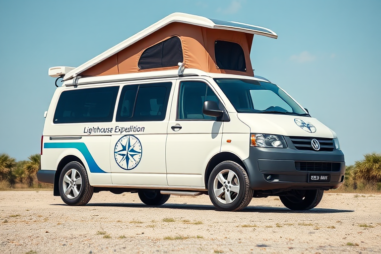 photorealistic image of a white camper van with a pop-up roof, featuring a compass design and "Lighthouse Expedition" text on the side, captured using a DSLR camera at f/8 aperture, 1/200 sec shutter speed, ISO 200, with a wide-angle lens at a 24mm focal length, natural lighting, front three-quarters view