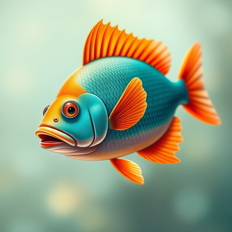 Create a vibrant illustration of a stylized fish with orange and teal colors, captured with a DSLR camera at f/8 aperture, 24mm focal length, in bright natural lighting, using a macro lens for enhanced detail.