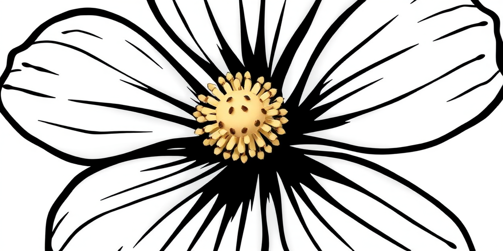 Regenerate an illustration of a flower with bold black outlines and a cream-colored center, shot with a DSLR camera at f/5.6 aperture, 50mm lens, 1/125s shutter speed, in soft natural lighting for enhanced detail and texture.