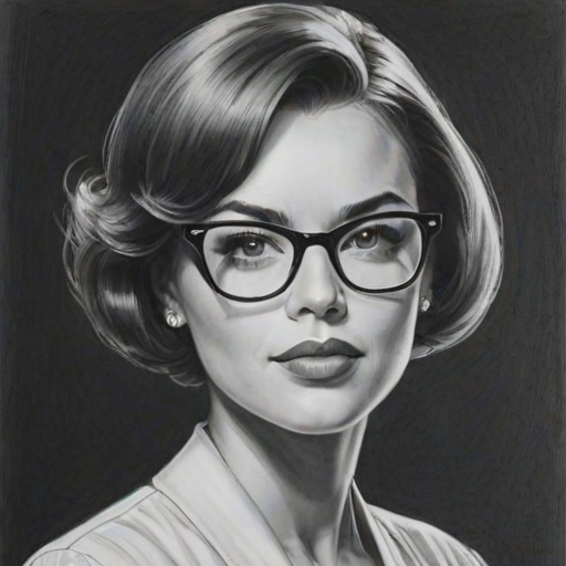 Enticing Jesse Williams, pencil sketch, portrait of Elegant woman 1962s in glasses, hair style beatnik, outline, clear lines, fine lines, 8k