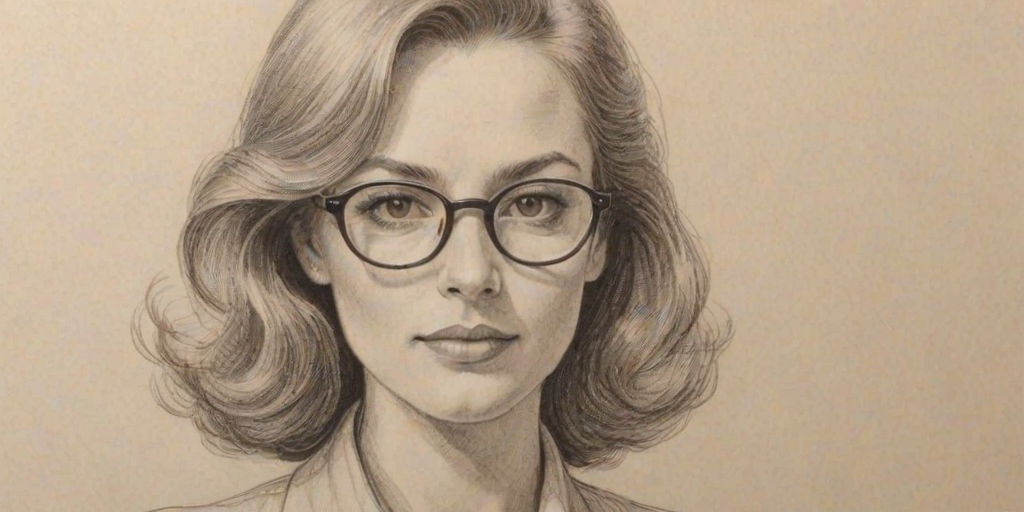 Appealing Lilia Buckingham, pencil sketch, portrait of Resplendent woman 1976s in glasses, hair style beatnik, outline, clear lines, fine lines, 8k