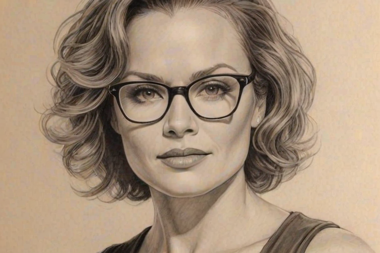 Radiant Dina Meyer, pencil sketch, portrait of Delightful woman 1931s in glasses, hair style beatnik, outline, clear lines, fine lines, 8k