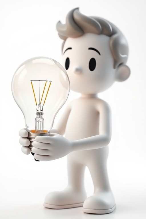 3D character holding a light bulb, white background, soft lighting, high-resolution, ISO 100, f/2.8, 50mm lens, studio photography, focus on character with light bulb prominently displayed.