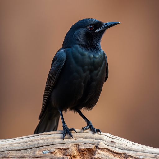 Close-up shot of a majestic blackbird perched on a log with a blurred brown background, using a Canon EOS 5D Mark IV, 85mm lens, aperture f/1.8, shutter speed 1/1000s, ISO 200, soft natural lighting.