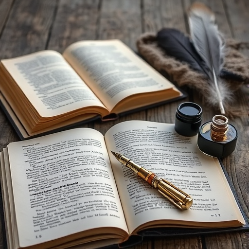 still life composition featuring open books with detailed text, a vintage writing pen, ink pots, and natural elements like feathers, captured with a Canon EOS R5, 50mm lens, f/1.8 aperture, natural light, shallow depth of field, textured wooden background for enhanced contrast and detail