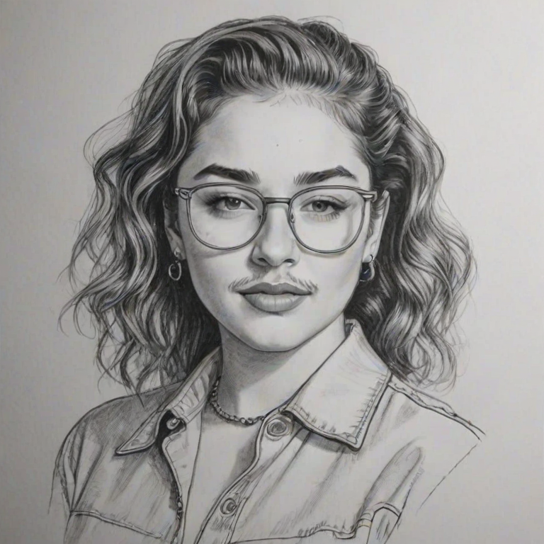 Captivating Post Malone, pencil sketch, portrait of Ravishing woman 1952s in glasses, hair style beatnik, outline, clear lines, fine lines, 8k