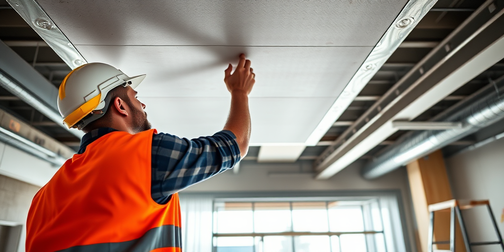 A construction worker installing a ceiling panel in a well-lit interior space, wearing a safety vest and helmet, captured with a Canon EOS 5D Mark IV at f/8, ISO 200, 1/125 sec, using a wide-angle lens for a clear view of the workspace and scaffolding in the background.