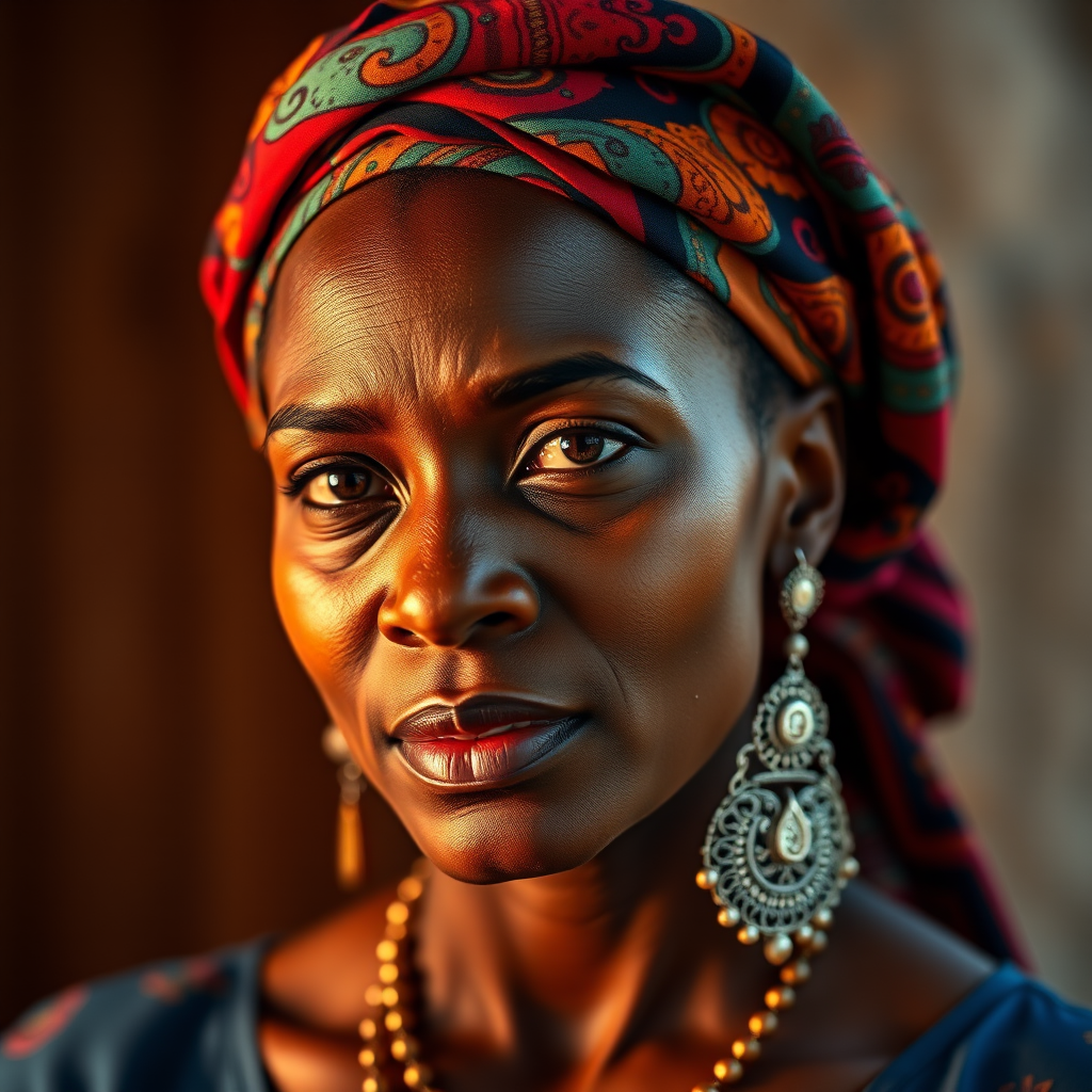portrait of a strong-looking woman with a vibrant headscarf and intricate earrings, taken with a Canon EOS R5, 85mm lens, f/1.8, ISO 100, natural light, shallow depth of field, warm color tones, soft bokeh background
