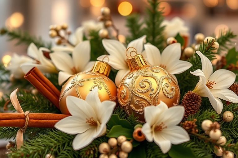 Create an elegant holiday arrangement featuring two gold ornaments nestled among white flowers and greenery. Include elements like cinnamon sticks and pine needles to enhance the festive theme. Use soft, warm lighting to create a cozy atmosphere.