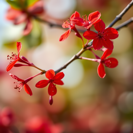 close-up of vibrant red flowers on a branch with soft bokeh background, aperture f/2.8, shutter speed 1/200s, ISO 100, natural lighting, macro lens photography, DSLR camera