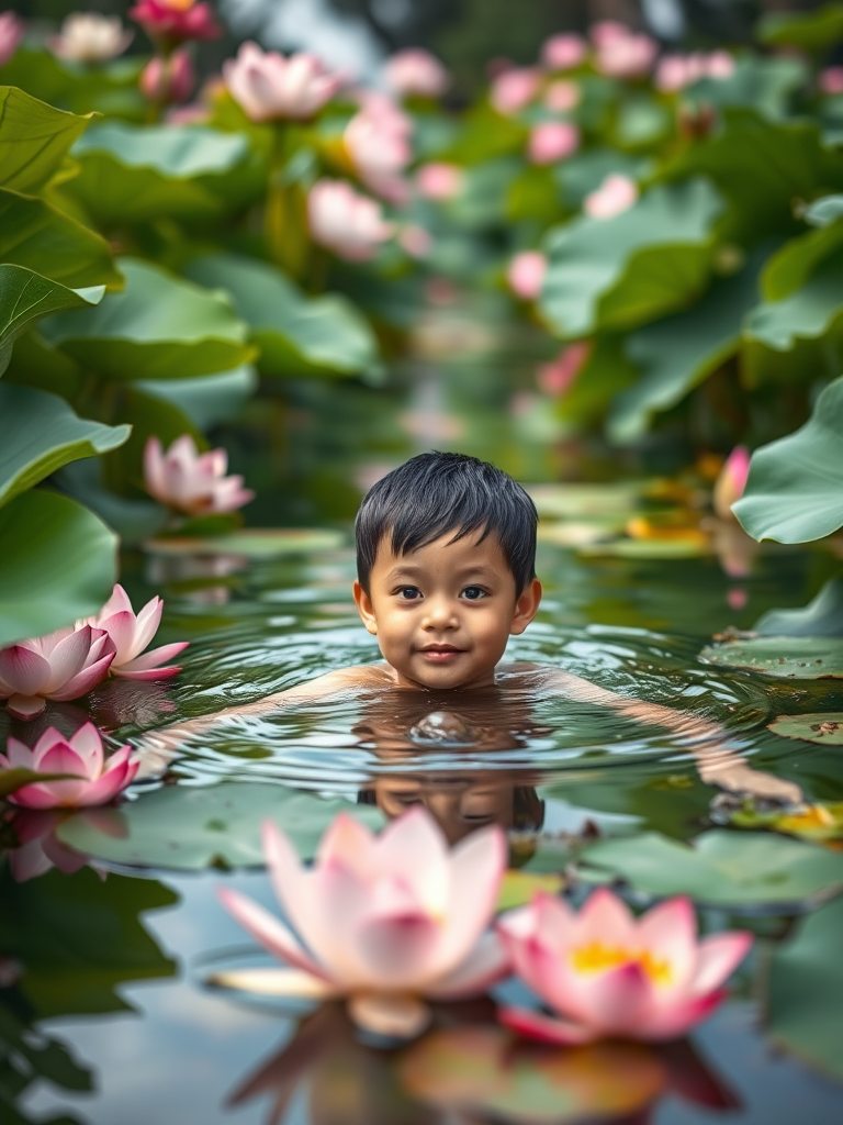 A young boy swimming in a serene waterway surrounded by blooming lotus flowers, with lush green leaves, captured in soft focus, using a DSLR camera with a 50mm lens, aperture f/2.8, ISO 200, shutter speed 1/250 sec, natural light, shallow depth of field.