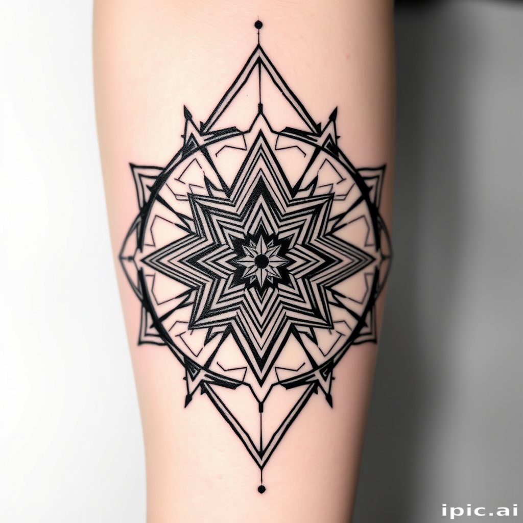 Geometric blackwork tattoo titled "Sacred Symmetry" incorporating precise shapes and lines to create three-dimensional optical illusions and mesmerizing patterns across the skin