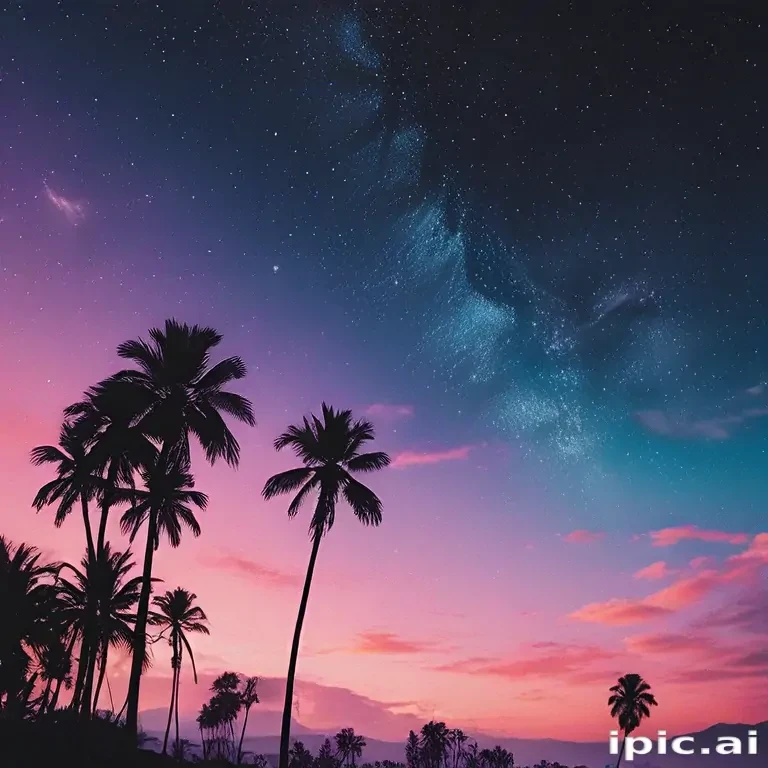 Stunning Twilight Sky Over Palm Trees Under a Starry Night