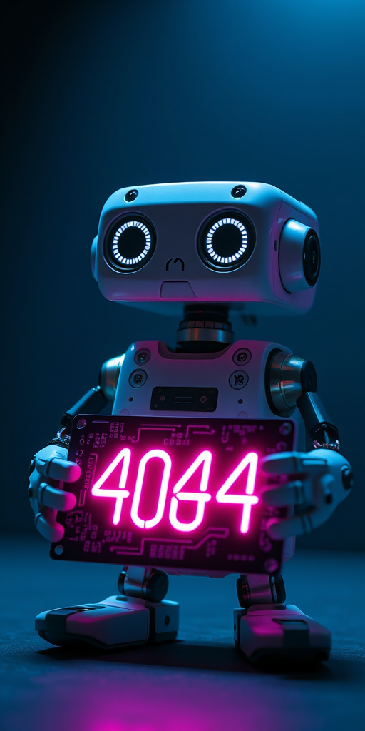 A quirky robot holding a circuit board with floating neon pink "404" text in a dark blue environment, 50mm lens, f/2.8 aperture, ISO 100, low angle view, soft lighting, high dynamic range photography.