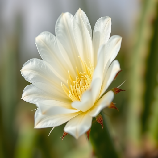 regenerate the image of a white cactus flower with intricate petal details, soft focus background, macro lens, f/2.8 aperture, ISO 100, 50mm lens, natural lighting, high-resolution photography