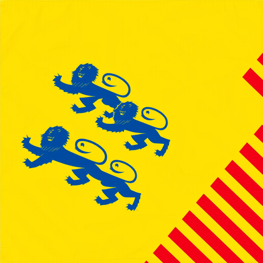 Flag design featuring three blue lions on a yellow field, with red diagonal stripes on the right side, captured with a DSLR camera at f/8, ISO 100, 50mm lens, using a top-down view and vibrant color enhancement.