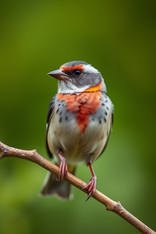 Capture a close-up image of a zebra finch perched on a branch with a blurred green background, use a Canon EOS 5D Mark IV with an 85mm f/1.4 lens, set aperture to f/1.8, shutter speed to 1/500s, and ISO 200 for enhanced detail and color vibrancy.