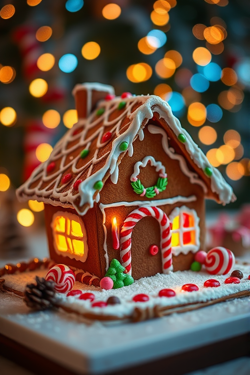 gingerbread house decorated with icing and candies in a festive setting with soft bokeh lights in the background, capturing a warm and cozy atmosphere, shot with a Canon EOS R5 using 50mm lens at f/1.8, ISO 200, 1/125 sec, with a shallow depth of field for enhanced focus on the house edge