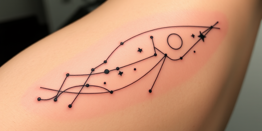 Minimalist linework tattoo dubbed "Ethereal Threads" consisting of a series of continuous, flowing lines that create abstract representations of celestial bodies and constellations with negative space