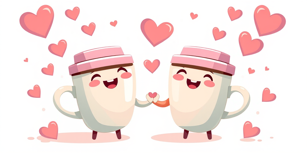 Create a playful illustration of two cartoon coffee cups holding hands amidst floating hearts, using a soft pastel color palette, with a bright white background, captured with a Canon EOS R5, 50mm lens, f/2.8 aperture, ISO 100 for sharp details and vibrant colors.