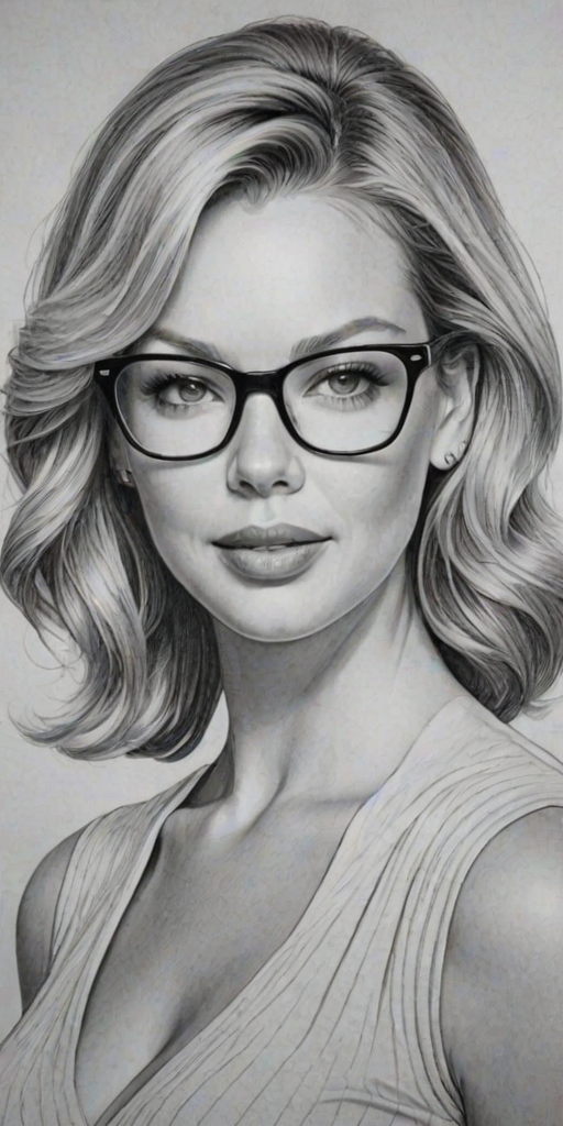 Radiant Katherine Heigl, pencil sketch, portrait of Alluring woman 1965s in glasses, hair style beatnik, outline, clear lines, fine lines, 8k