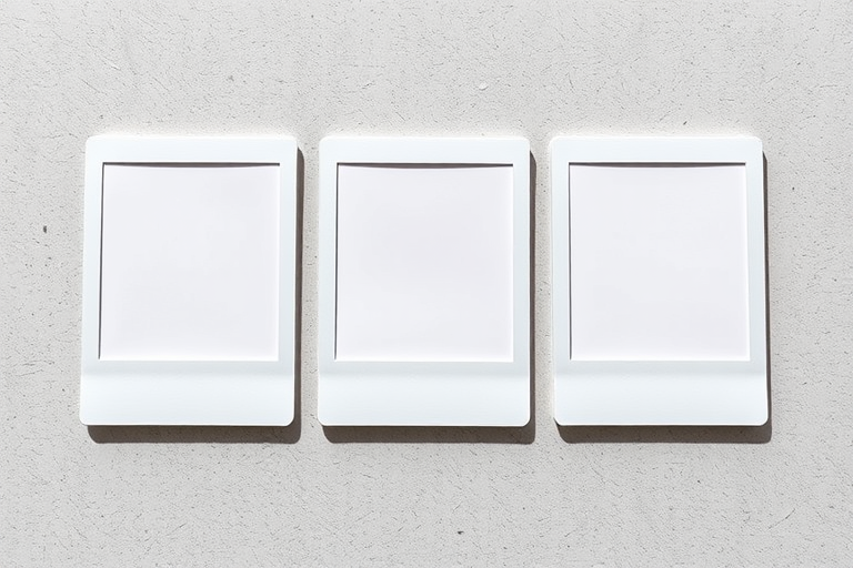 Create a high-quality image of three empty polaroid photo frames with a slightly textured background, using a DSLR camera with a 50mm lens, aperture f/2.8, ISO 100, and natural lighting for soft shadows.