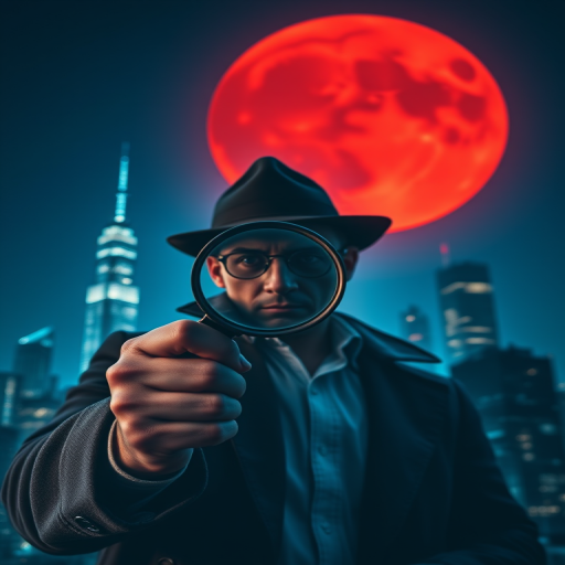 create an image of a mysterious detective holding a magnifying glass in front of a city skyline at night with a large red moon in the background, using a DSLR camera, 50mm lens, f/1.8 aperture, ISO 200, low-angle perspective, dramatic lighting and deep shadows for contrast
