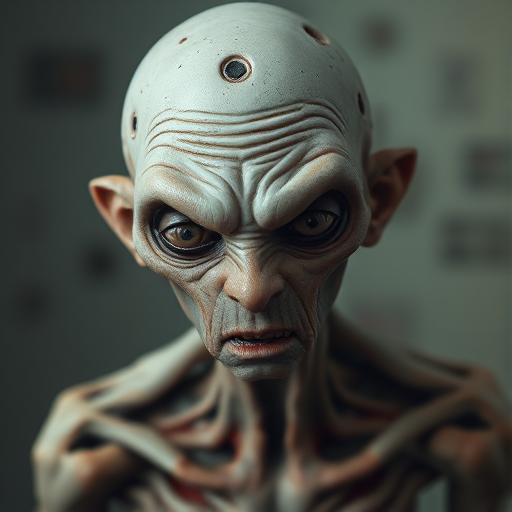 Generate a high-resolution digital illustration of a humanoid figure with exaggerated features, emphasizing a surreal and eerie expression, using a DSLR camera at f/2.8, 50mm lens, ISO 100, 1/60 sec shutter speed, with a shallow depth of field and a soft focus background to enhance clarity and detail.