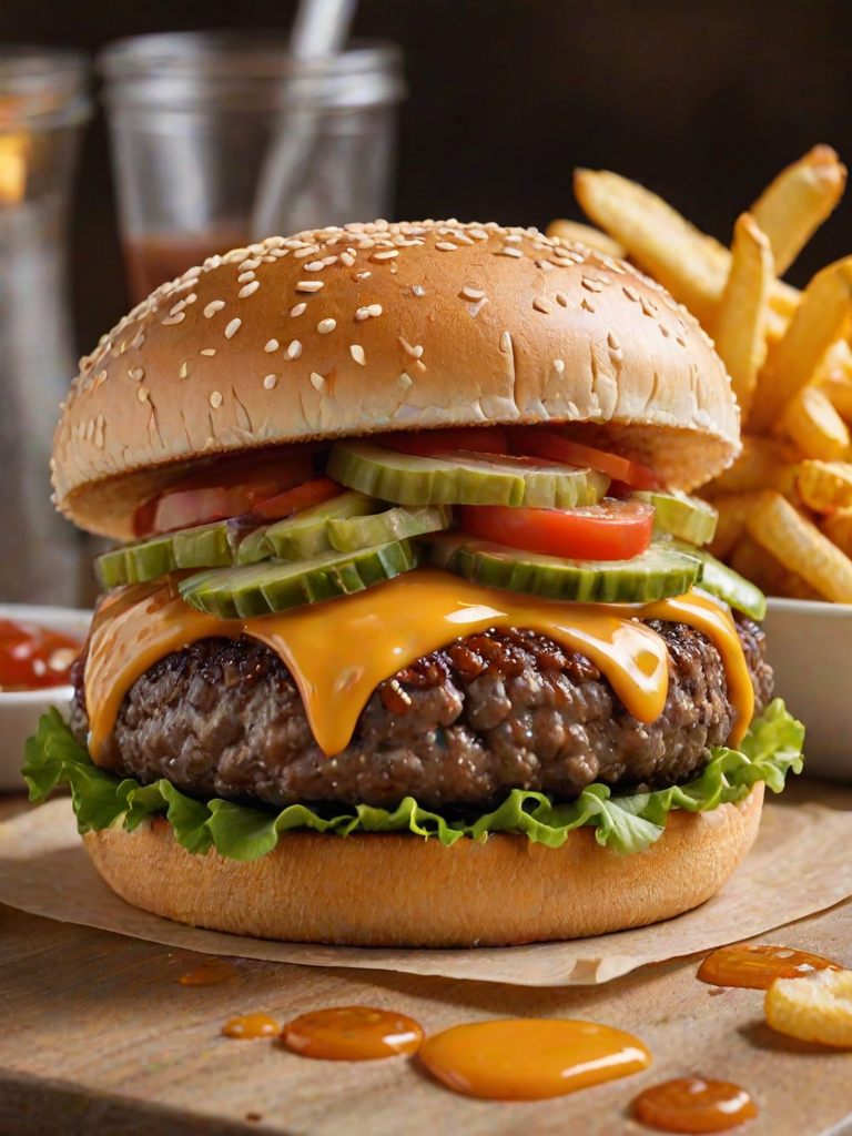 High-resolution, close-up image of a gourmet double cheeseburger. The burger features a glossy, sesame-seed-topped brioche bun. Inside, there are two thick, juicy beef patties, each topped with melted cheddar cheese. The burger is garnished with fresh lettuce, tomato slices, diced onions, and pickles. A generous amount of ketchup and a creamy, orange-colored sauce is dripping down the sides, adding to the mouth-watering appeal. In the background, there are blurred elements including a side of golden French fries and a hint of a beverage, enhancing the overall presentation of a delicious meal.