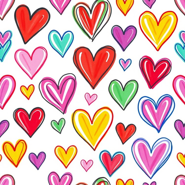 Create a seamless pattern of colorful hand-drawn hearts in various sizes with a white background, using a 50mm lens, f/4 aperture, 1/125s shutter speed, and natural light to enhance vibrancy and clarity.