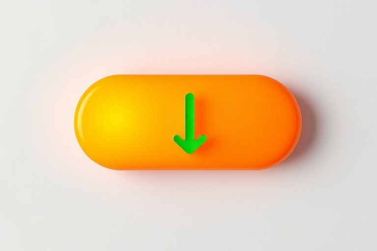 Generate a smooth, rounded orange button with a green downward arrow above it, using a Canon EOS 5D Mark IV, f/4 aperture, ISO 100, 50mm lens, in a well-lit studio environment with a clean background for enhanced clarity and detail.